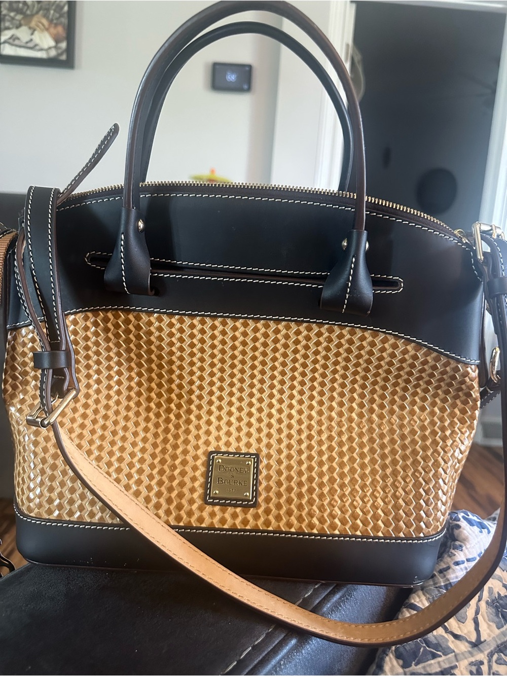 Dooney & Bourke Black and Tan Woven Leather Satchel